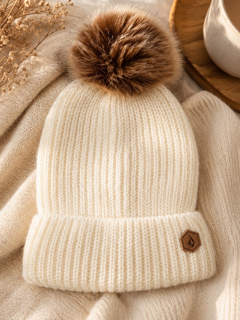 Volcom Beanie Ribbed Knit Faux Fur Pom Cream One Size